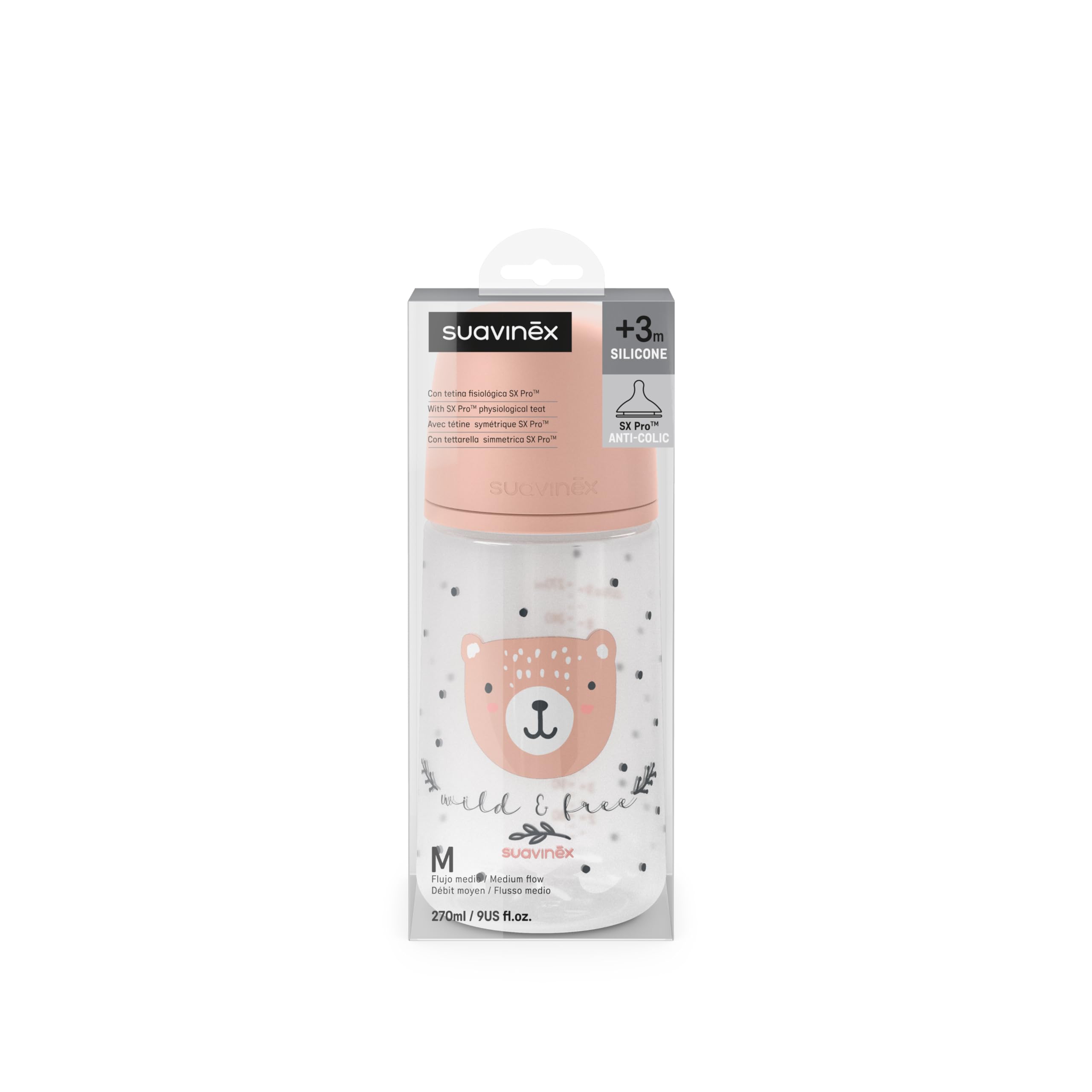 Suavinex, Biberon da 270 ml con Tettarella Fisiologica SX Pro in Silicone con Valvola Anticolica, Flusso Medio (M), per Liquidi a Densità Media, Latte, Succhi o Acqua. Neonati +3 Mesi. Wild&Free Rosa