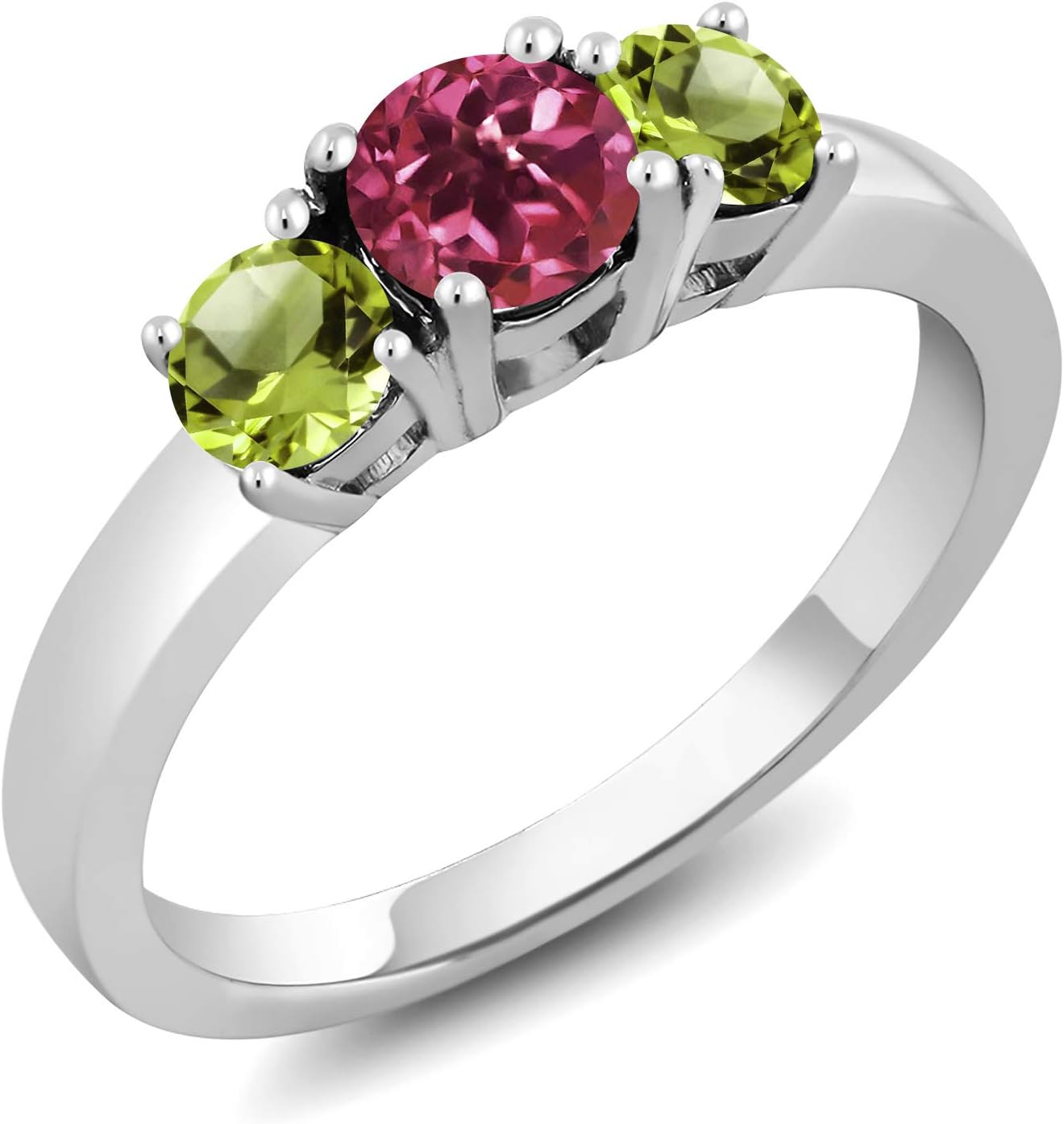 Gem Stone King 925 Sterling Silver Round Pink Tourmaline and Green Peridot 3-Stone Ring For Women | 1.10 Cttw | Gemstone Birthstone | Round 5MM and 4MM