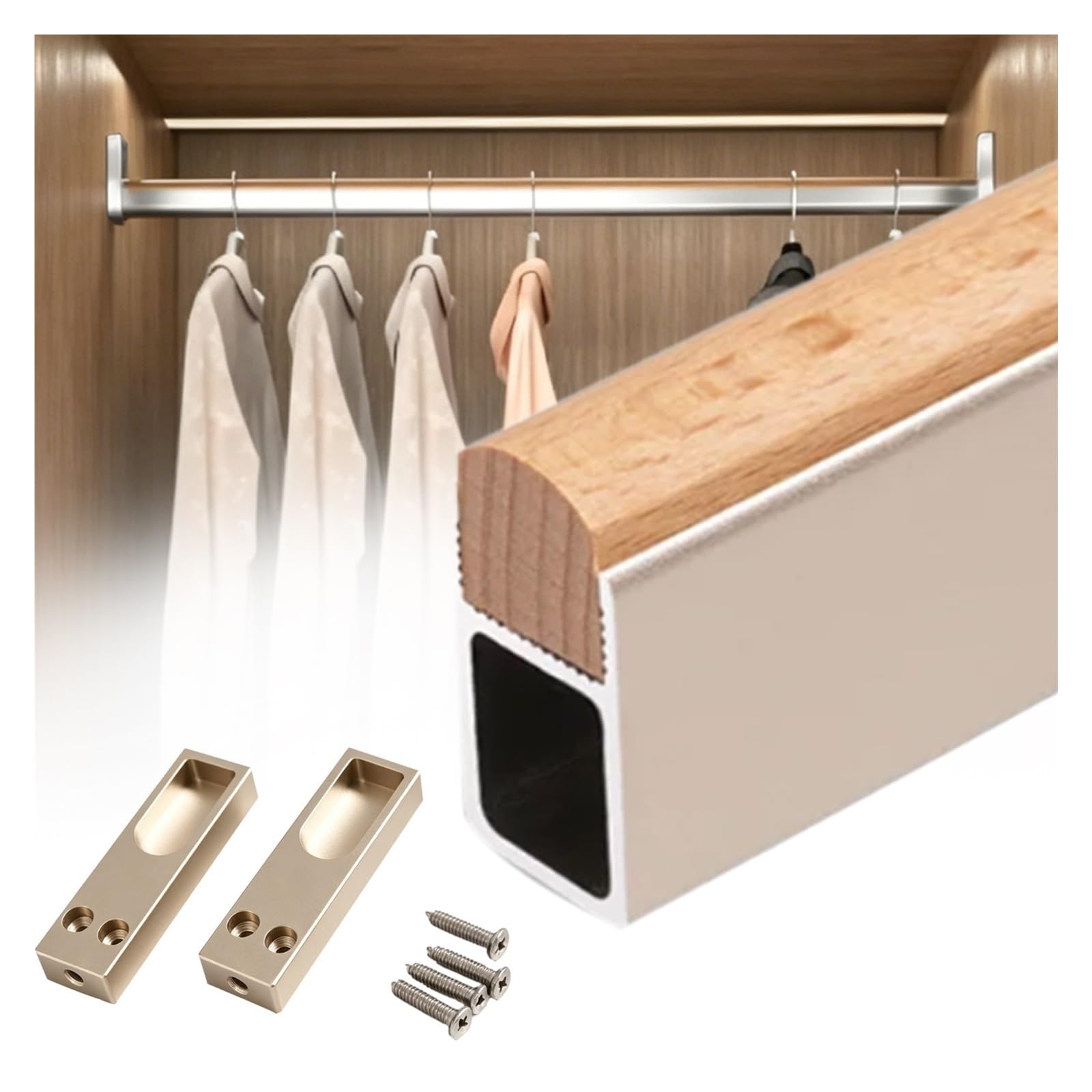Anti Slip Wardrobe Rod, Clothing Store Bedroom Aluminum & Wood Closet Rods, Heavy Duty Garment Bar with Flange sets, Customizable & Cuttable(Silver,L 19.7"/50cm)