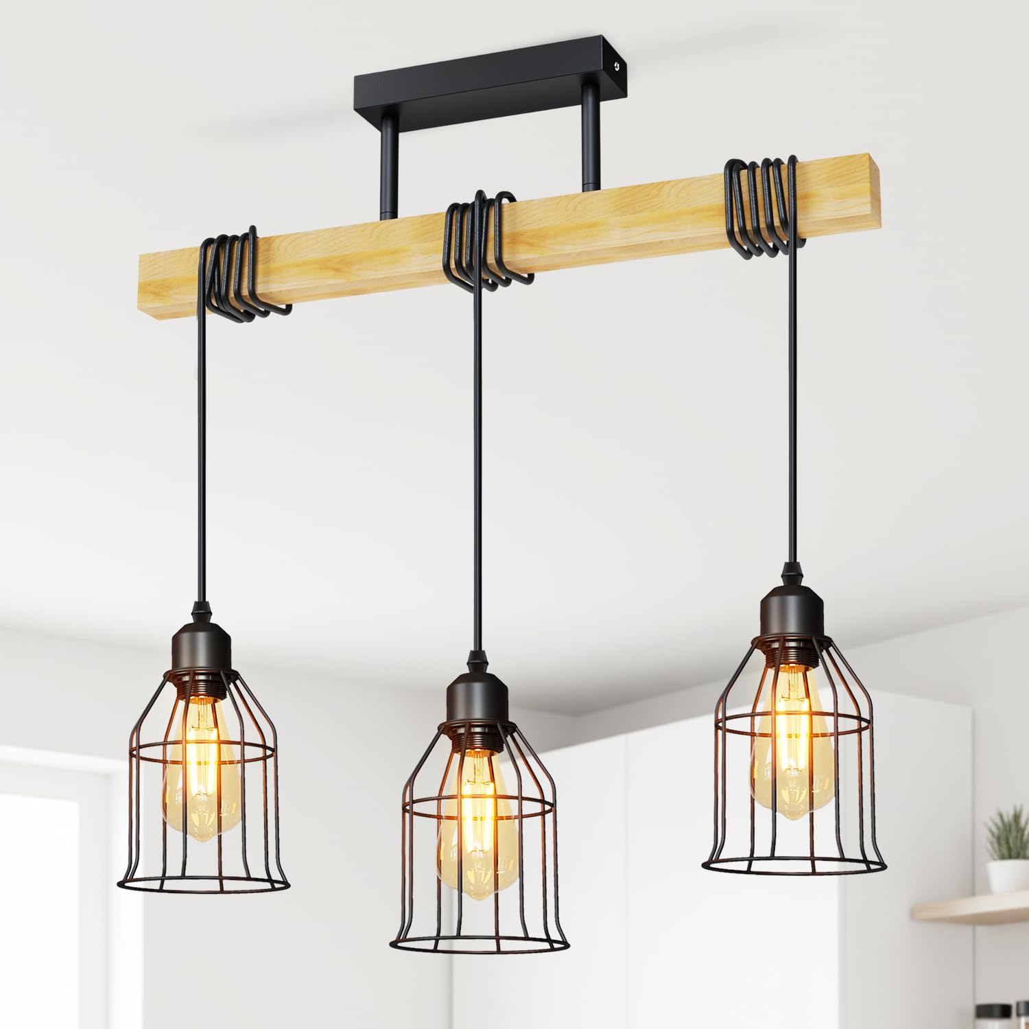 LVWIT Lampadario Sospensione E27, Lampadari Cucina Vintage con 3 Luci, Lampadari Rustici Nero, Lampadario Legno per Camera da Letto, Sala da Pranzo, Soggiorno (Senza Lampadina)
