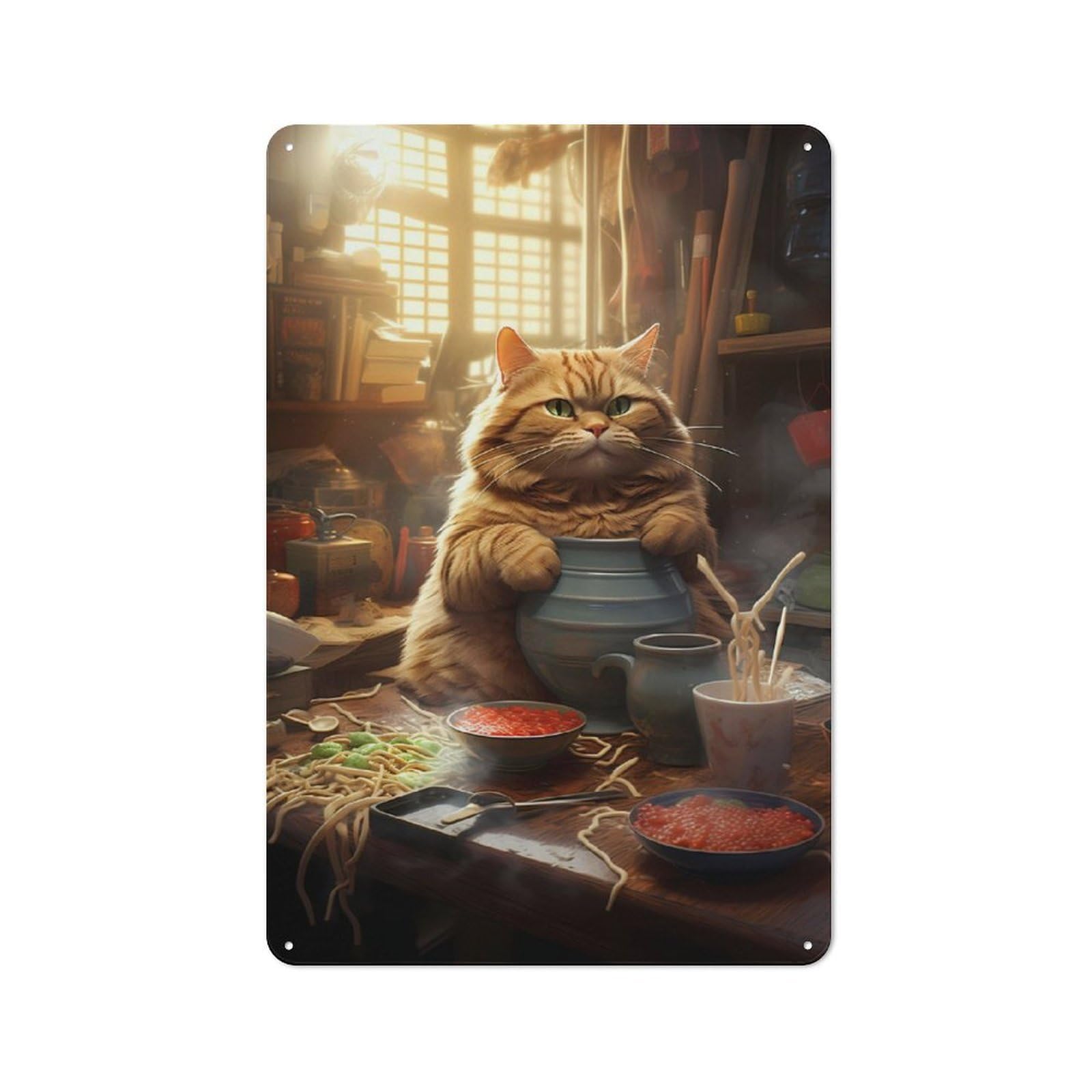 Junmoney Fat Cat Noodles Ramen Food Tin Sign 30X20cm For Workshop Wall, Rustic Wall Decor, Suited To Workshop Decor Fans