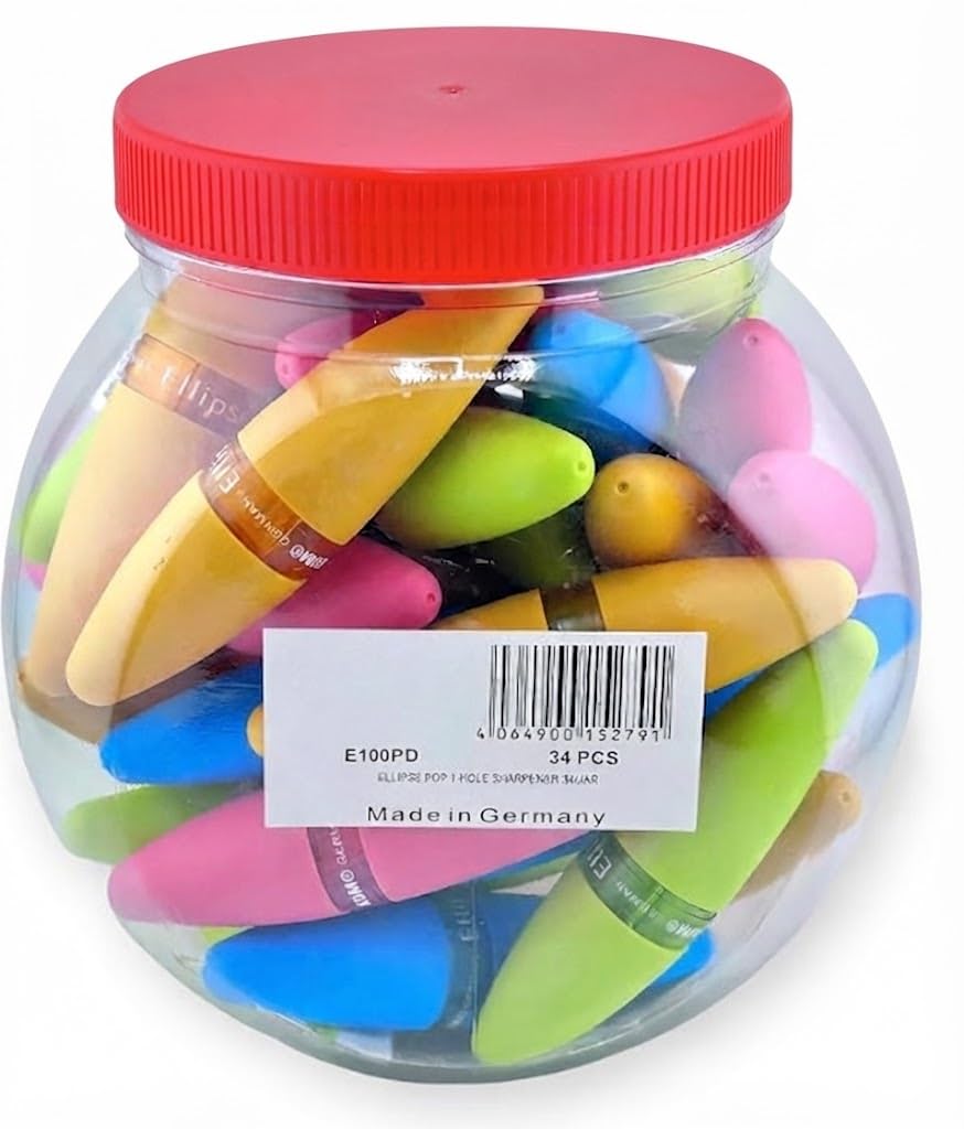 E100PD Ellipse Pop temperamatite monoforo, barattolo da 34 pezzi, lama interna in lega di magnesio, contenitore compatto, per matite colorate e in grafite, design ergonomico