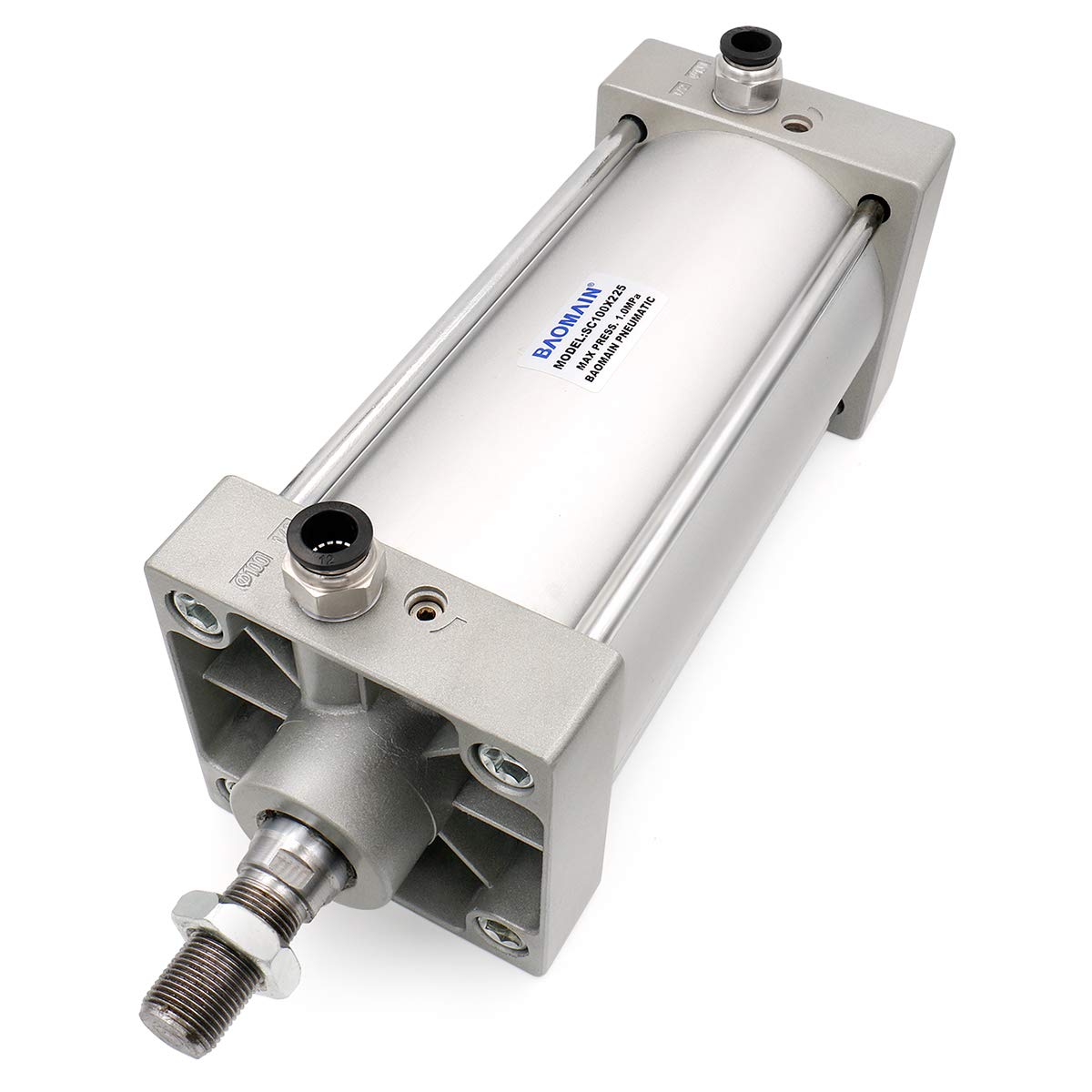 Baomain Pneumatic Air Cylinder SC 100 x 225 PT 1/2; Bore: 4"(100mm), Stroke: 9"(225mm); Screwed Piston Rod Dual Action with 4 PCS of Fittings