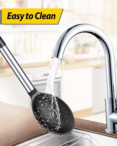 Miniatura 6 de Pack of 2 Large Silicone Cooking Spoons,Non Stick Solid Basting Spoon,Heat-Resistant Kitchen Utensils for Mixing,Serving,Draining,Stirring (BLACK)