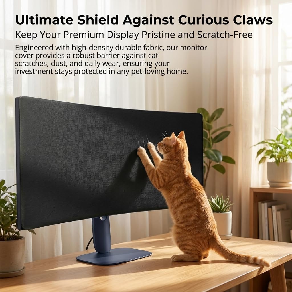 Neoprene Screen Cover for Alienware 34 Curved Gaming Monitor (AW3425DWM), Sleek Black Anti-Scratch Dust Guard with Back Elastic Straps & Snug-Fit Velcro