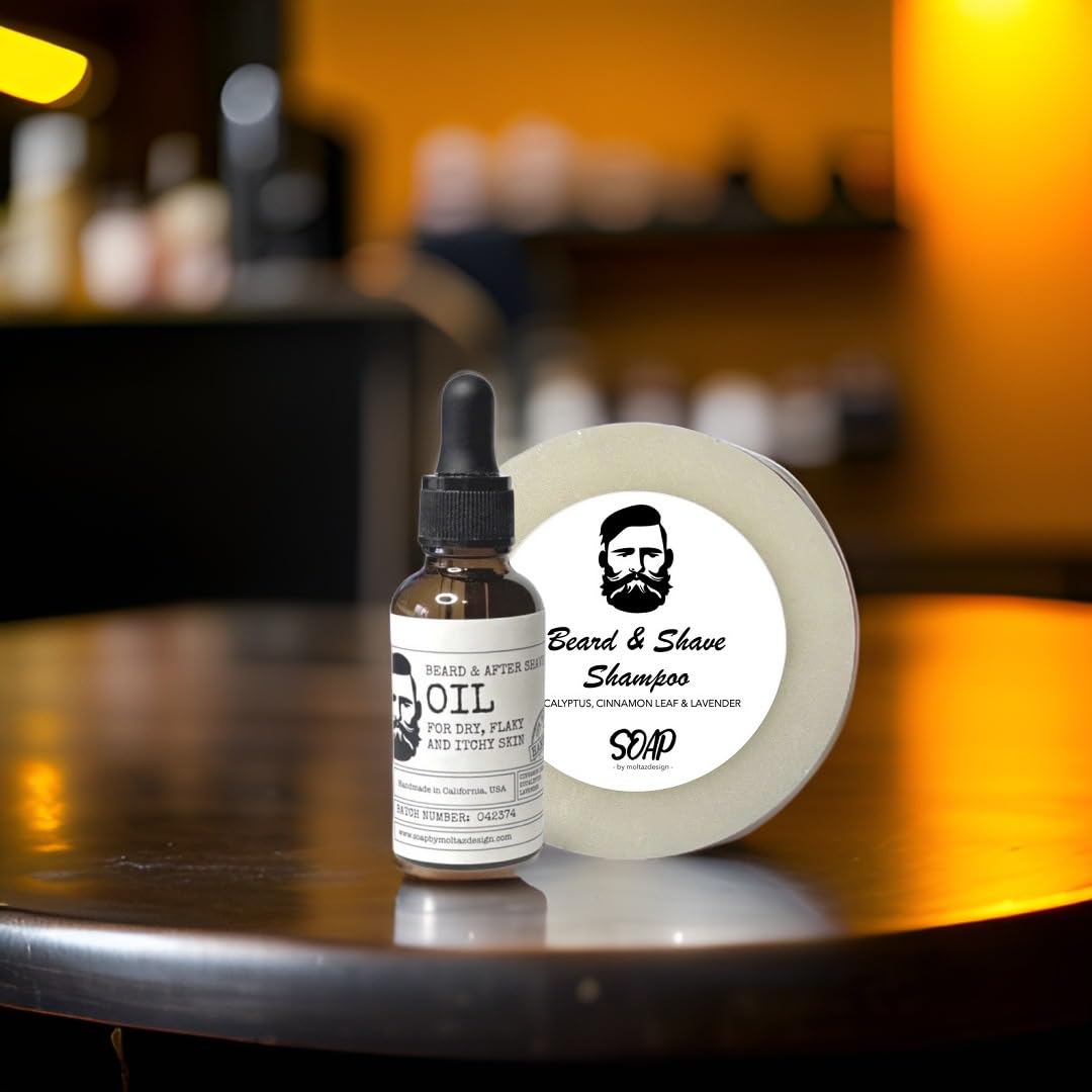 Beard/After shave oil and Beard shampoo/Shaving cream. For sensitive, flaky, itchy and dry skin. Also reduce redness after shaving.