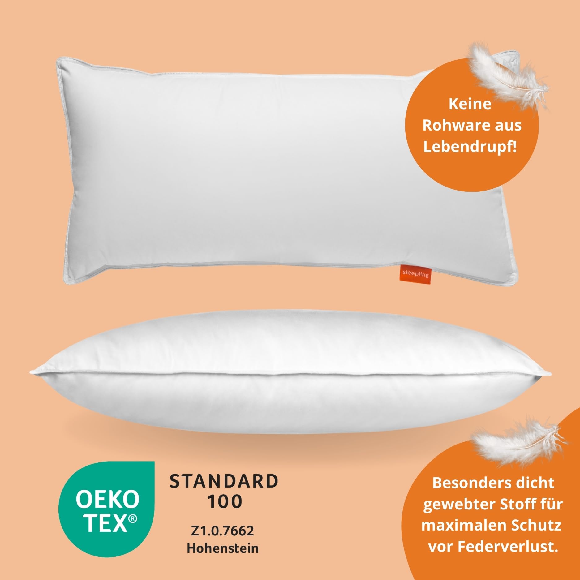 sleepling Dreikammer Daunenkissen 40x80 cm, Kopfkissen aus Daunen & Federn, 3-Kammer Kissen für optimalen Stützeffekt 40 x 80 cm, Made in EU, Oeko-TEX, Downpass, Waschbar bis 60 Grad