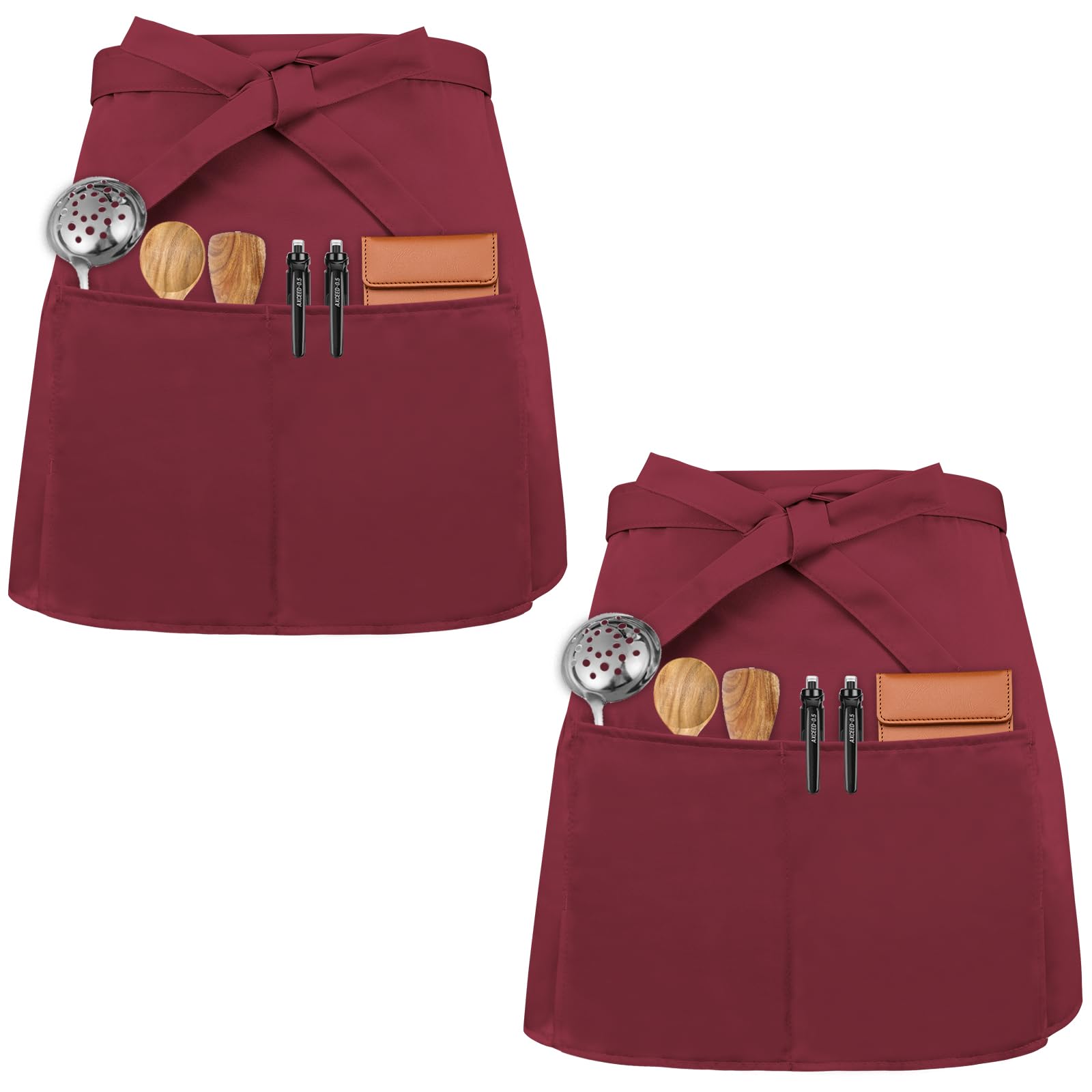 Colexy Unisex Dark Red 2-Piece Waist Apron Superior Server Apron With 3 Pockets Cooking Apron Waist Aprons For Bistro Restaurant Hotel Café Chef Server Cleaning Painting Gardening, One Size