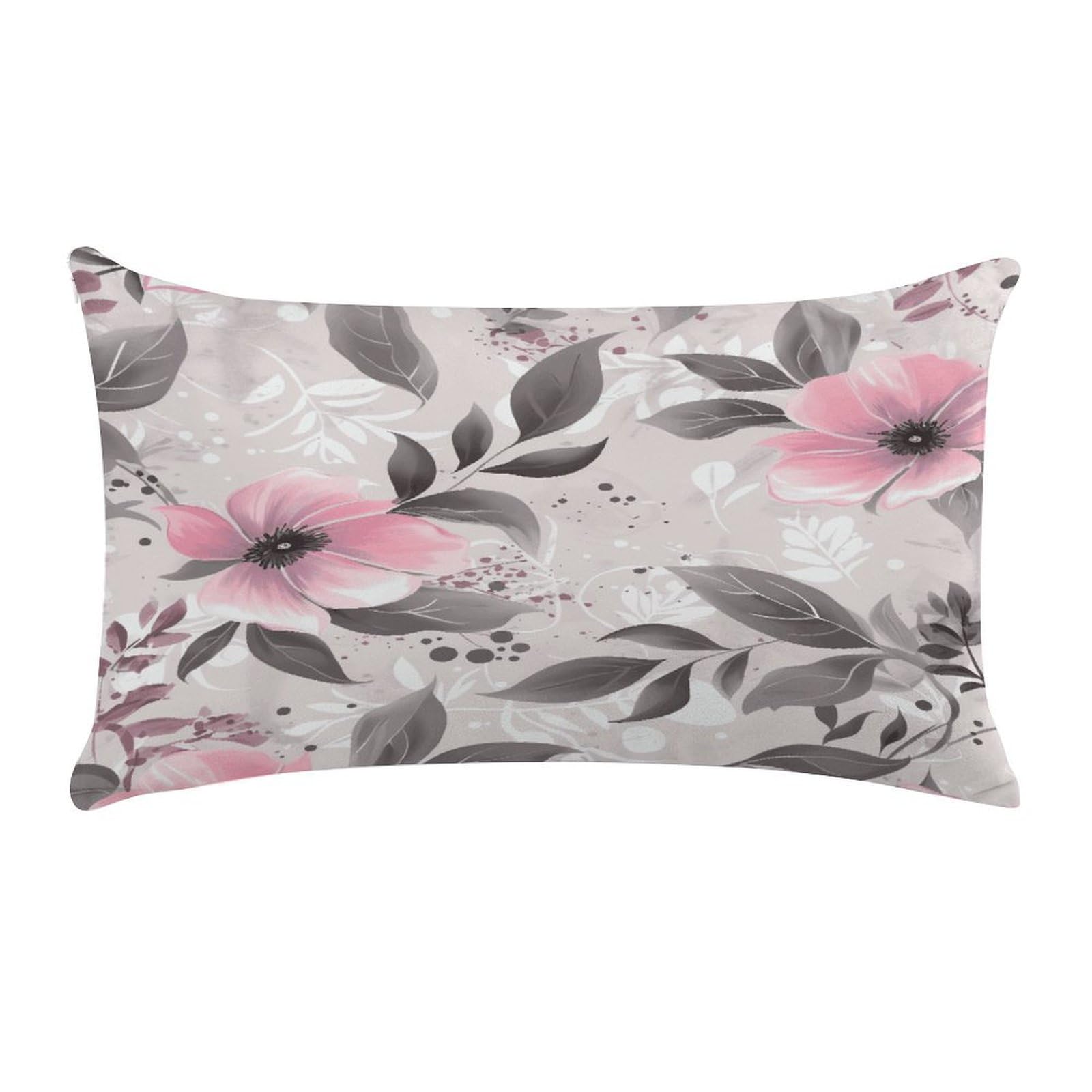 VstaDank Pink Flowers and Leaves on Gray Pillow Cover Pillowcase for All Seasons Short Plush Body Pillow Case Soft Cozy Fuzzy Lumbar Long Pillow Cover for Bed Sofa Bench 20 X 12 Inches