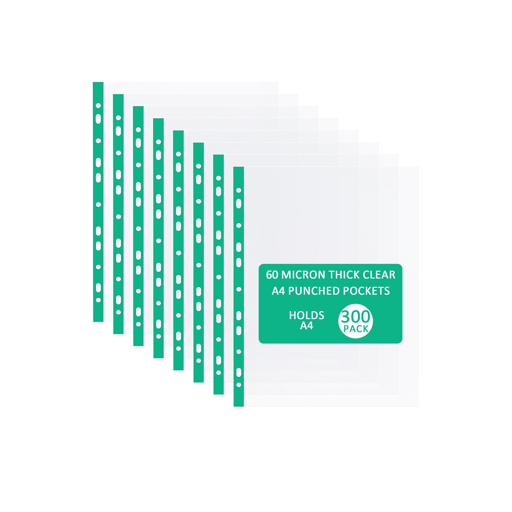 WYIPOLZI 300 Pcs A4 Punched Pockets, 60 Micron Thickness, A4 Clear & Heavy-Duty Wallet Sleeves with Punched Reinforced Green Spine, Top-Opening Pockets Wallets for Ring Binder Folders