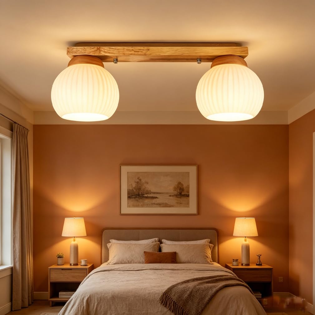 Suspension de style japonais, veinage naturel du bois et blanc crème, luminaire minimaliste, idéale pour la chambre, la salle à manger et le salon (2 ampoules)