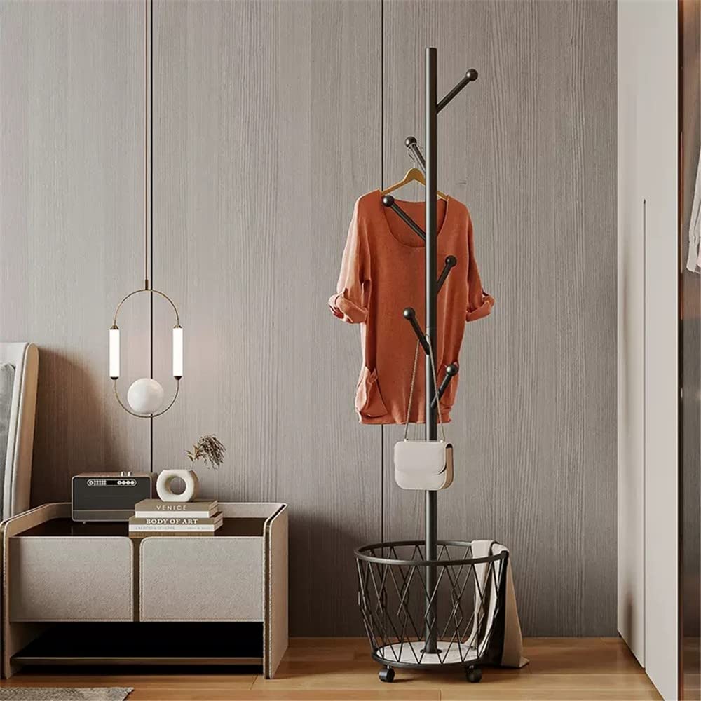 Porte-manteau en métal d'angle pour couloir avec panier de rangement