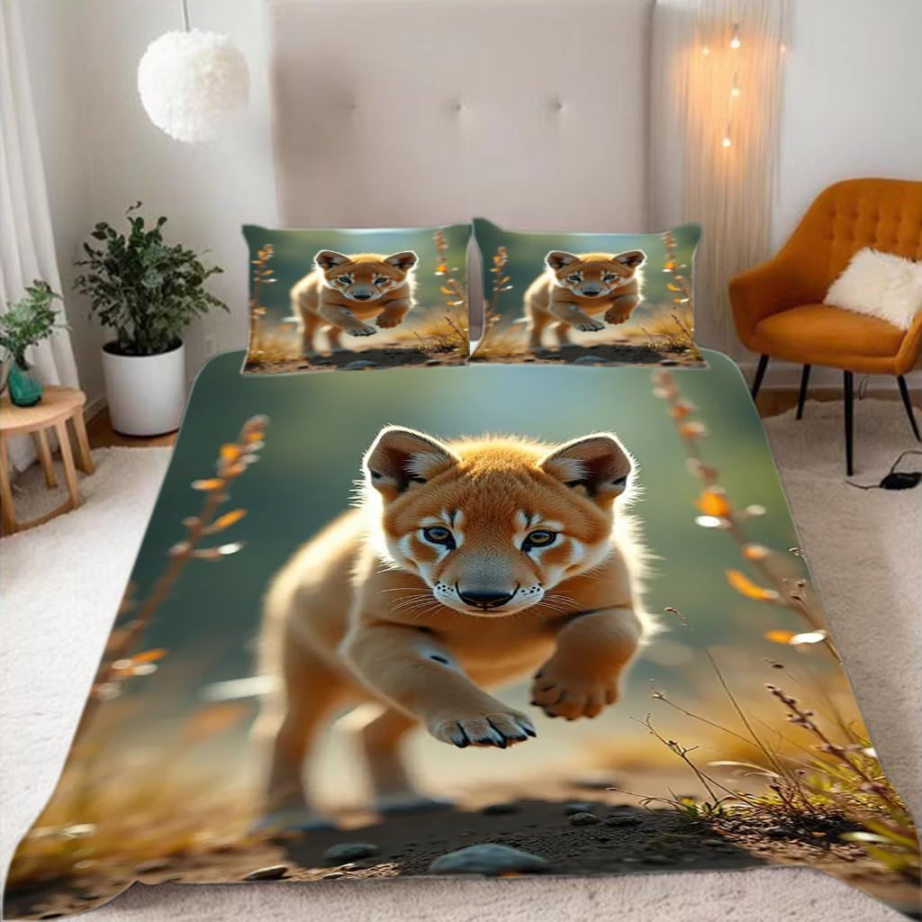 Housse de couette 240x260 lion imprimée en microfibre avec 2 taies d'oreiller