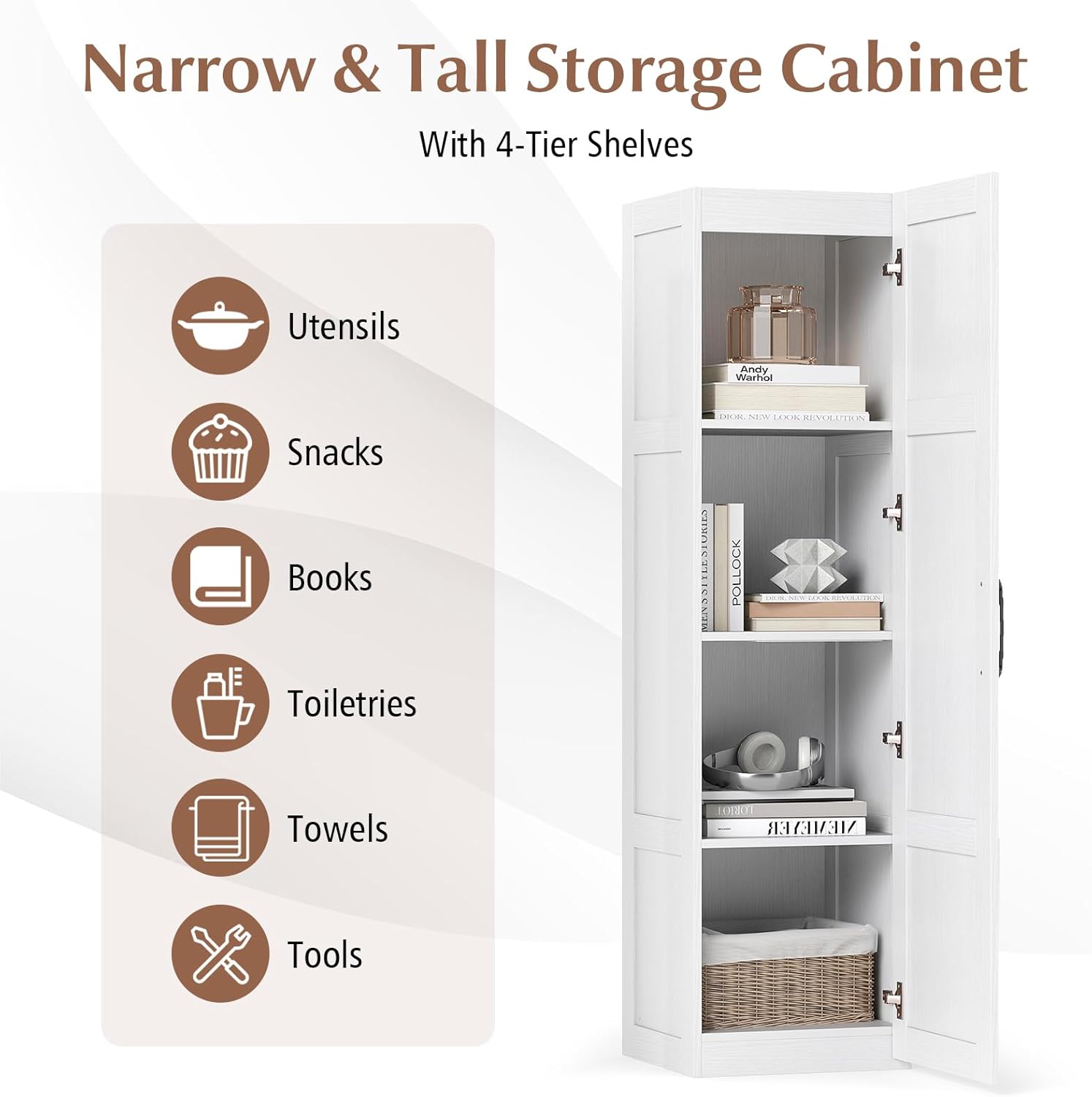 Giantex Tall Bathroom Storage Cabinet, Narrow Farmhouse Freestanding Bathroom Cabinet with 4 Shelves, Space-Saving Corner Utility Storage Organizer for Living Room Kitchen Laundry (White) - Image 4