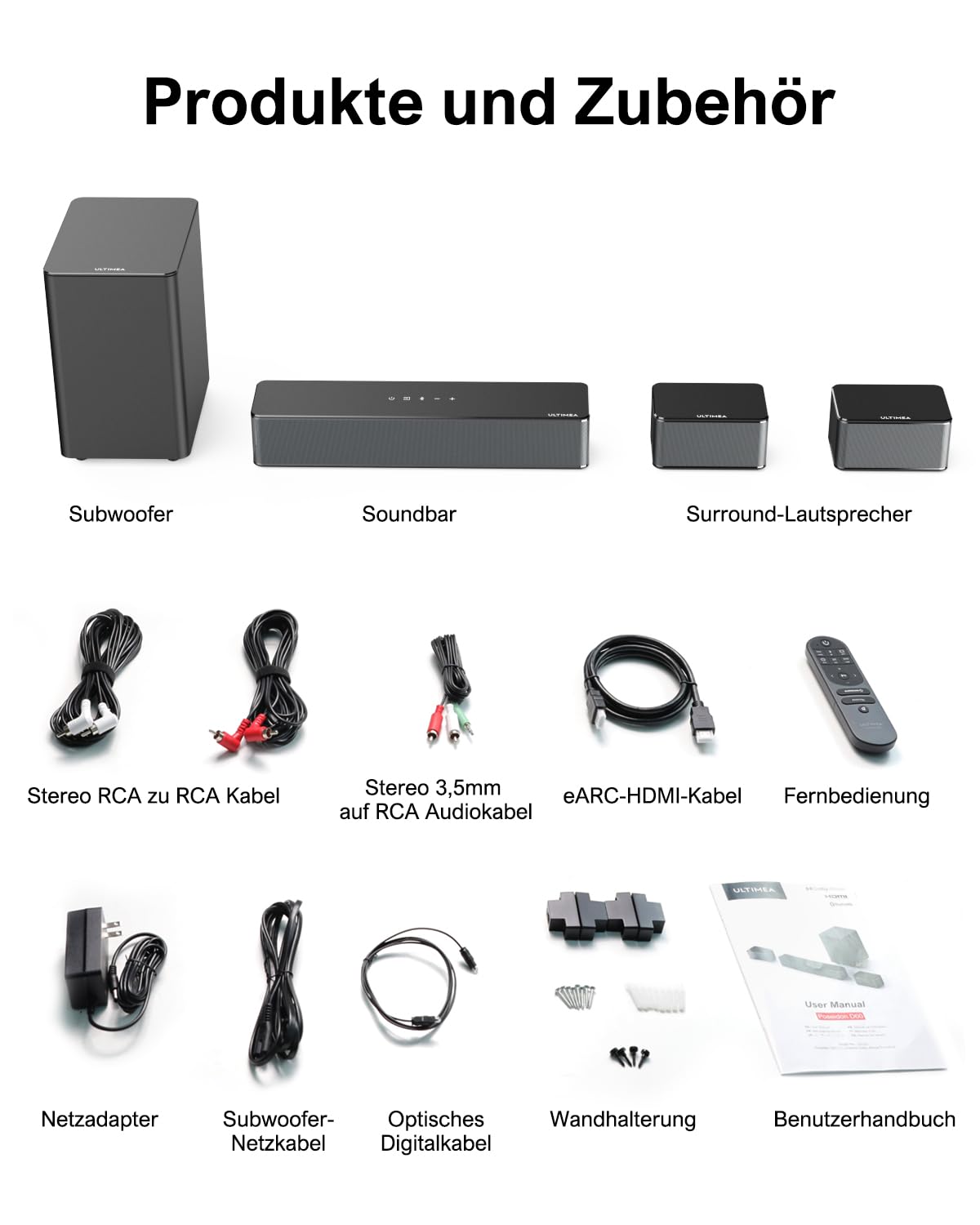 ULTIMEA 5.1 Soundbar mit Dolby Atmos, 3D Surround Sound System, Soundbar für TV Geräte mit Subwoofer, 2 Rear-Lautsprechern, Sound bar Bluetooth® 5.3 mit Einstellbarem Bass, Poseidon D60