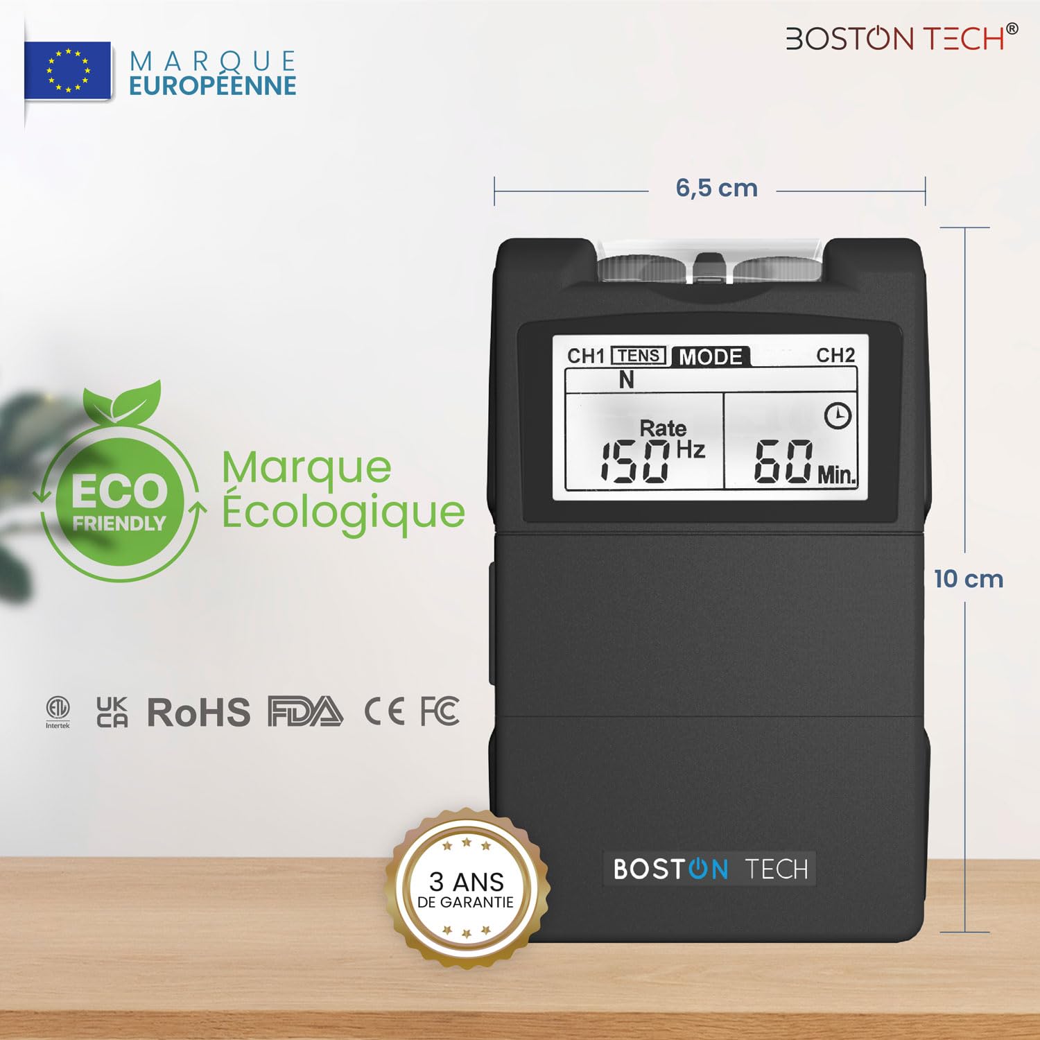 Boston Tech® Électrostimulateur musculaire ME89 PRO | TENS EMS 7 Modes Personnalisables | Soulagement de la Douleur + Stimulation Musculaire | Inclut 4 Électrodes + Batterie 9V + Protection Anti-chute