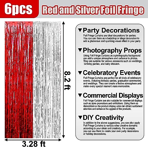 Image of 6 Pack Red Silver Foil Fringe Curtain Backdrop, 3.28Ft x 8.2Ft Metallic Tinsel Foil Fringe Streamer Curtains for Photo Booth, Christmas Day, Thanksgiving, Wedding, New Year Party Decorations