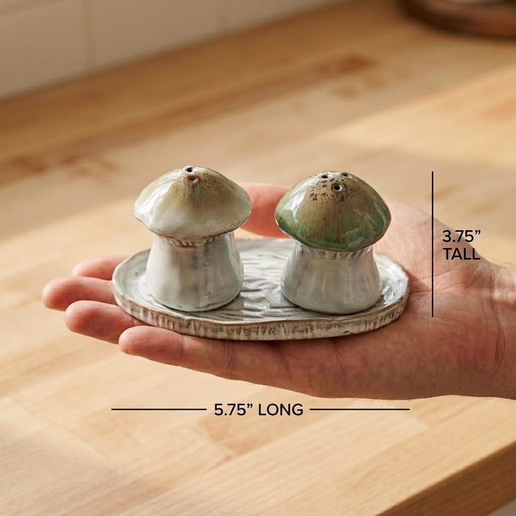 The Bridge Collection Mushroom Unique Salt and Pepper Shaker Set | Hand-Painted Stoneware Salt & Pepper Shakers with Tray Woodland Charming Kitchen & Dining Table Decor