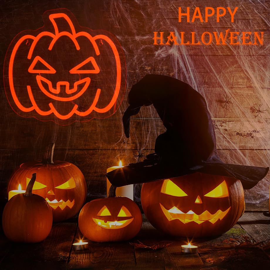 Image of Halloween Neon Sign - Pumpkin Neon Sign for Wall Decor with Dimmable Switch, Orange Pumpkin LED Light Up Sign Gift for Autumn Thanksgiving Halloween Decoration