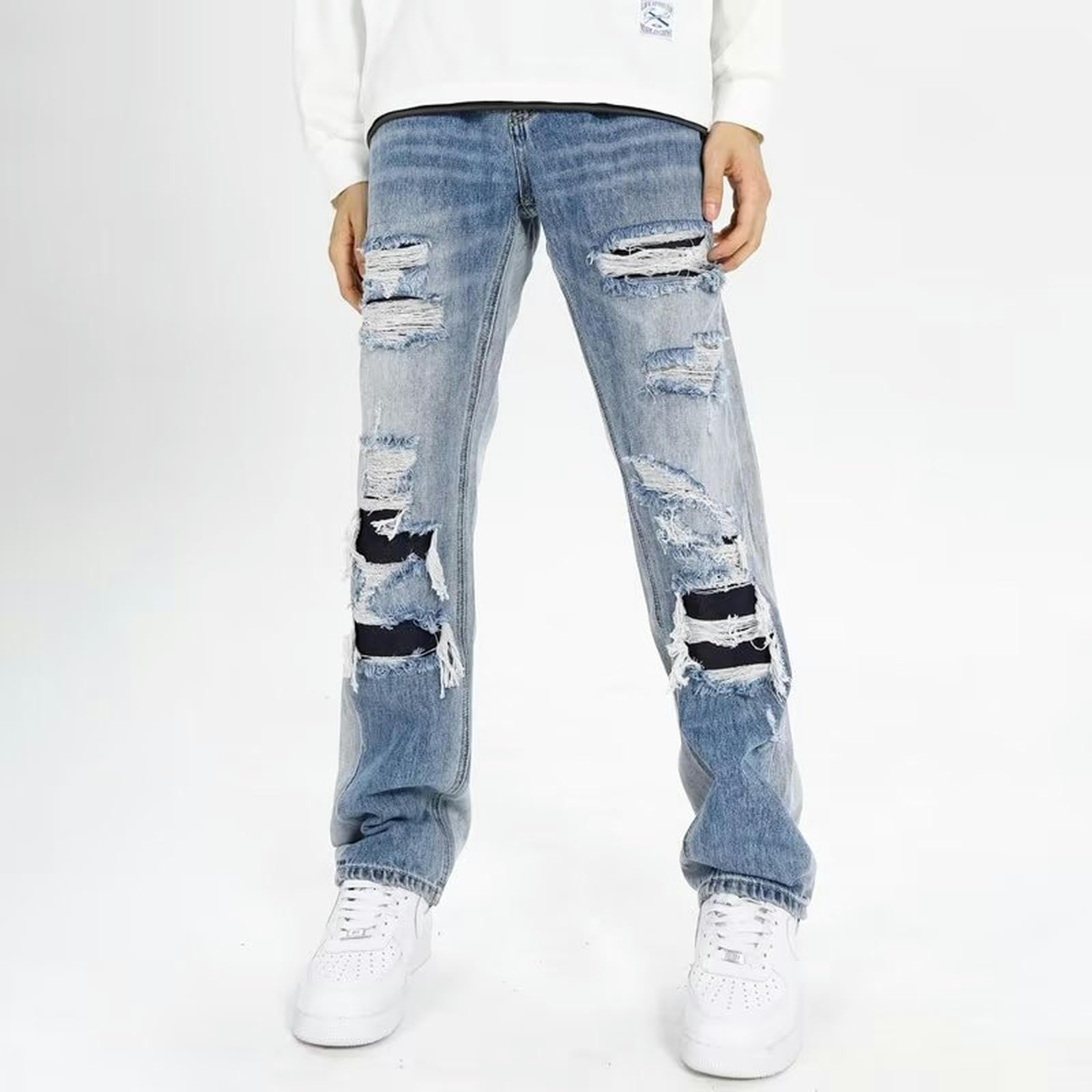 Jeans Strappati da Uomo Estivi Larghi lavati Pantaloni Dritti rovinati - Blu - 3XL
