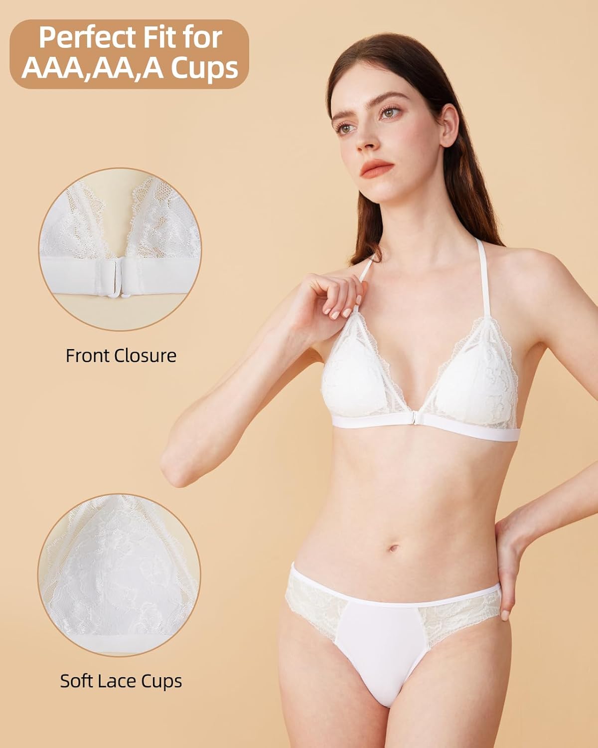 Lace Racerback Wireless Bralette for Small Chest Front Closure Triangle Bra for AAA/AA/A Cup Petite Women 16–40 - Image 2