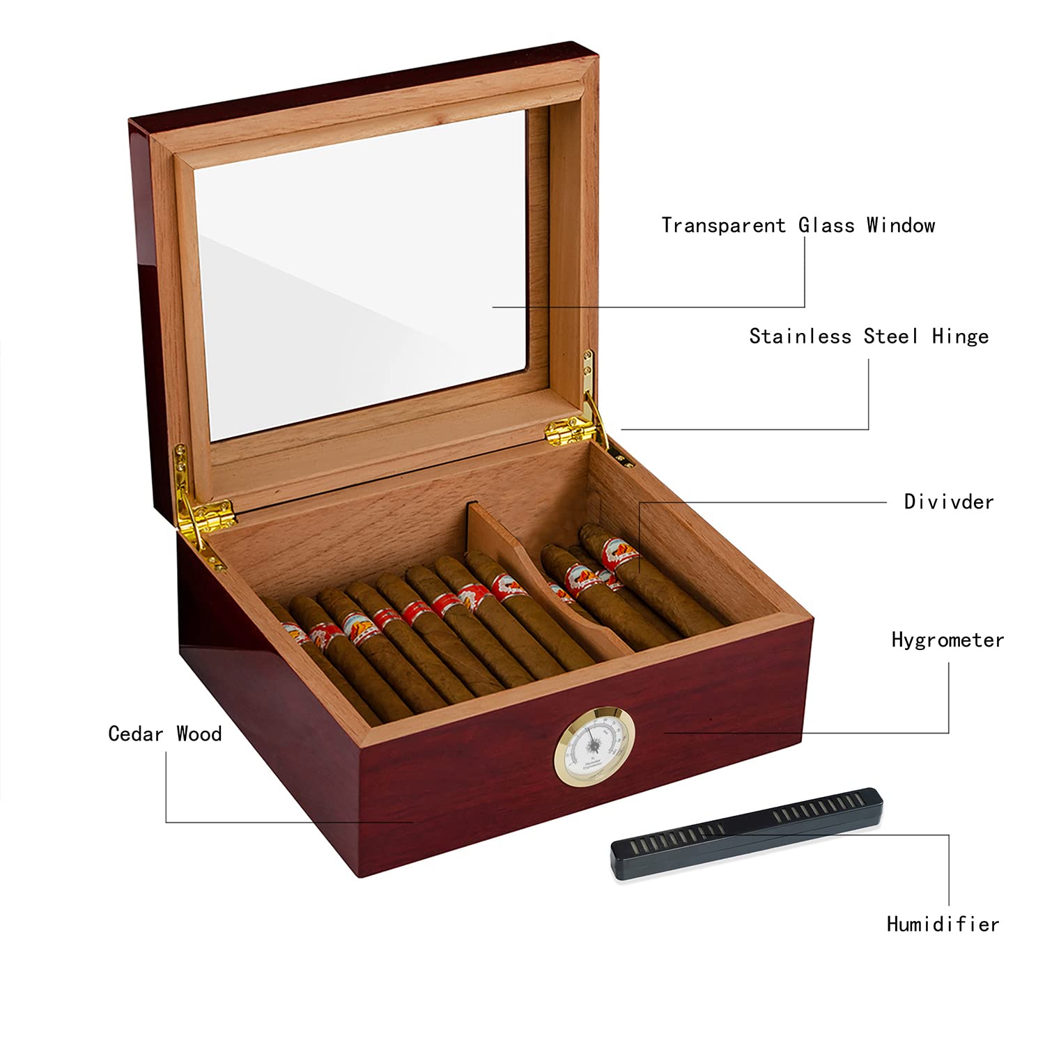Cave à cigares en bois de cèdre avec thermomètre, hygromètre numérique et humidificateur frontal, écran supérieur en verre trempé