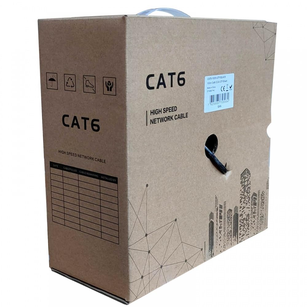 JUSTOP Bobina di cavo Ethernet CAT6 AWG23 UTP, cavo CCA, per interni ed esterni, 100 m, cavo di rete nero da 100 m