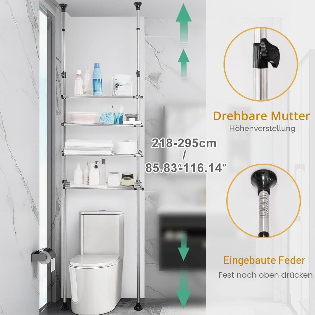 BAOYOUNI Teleskop Badregal mit 4 Ablagen Regal über der Waschmaschine oder Toilette WC ohne Bohren Badezimmerregal Teleskopregal aus Metall, Höhen und Breite Verstellbares, Schwarz