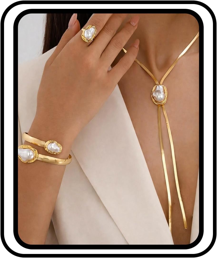Baroque Pearl Jewelry Set for Women，3PCS Gold Long Herringbone Necklace Bracelet Ring Pearl Set Elegant Vintage Adjustable Trendy Jewelry Gift