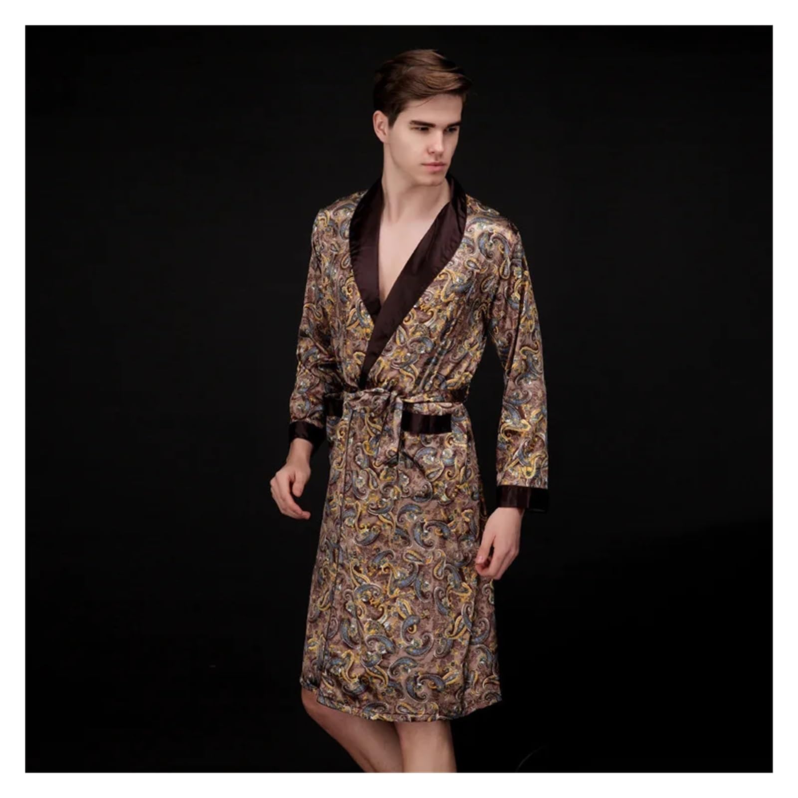 Bata Hombre Seda, Ropa De Dormir De Seda Satinada, Bata De Baño De Verano, Pijama De Manga Larga, Bata De Dormir, Pijama Sleepwar Hombre para SPA (Coffee, XXL)