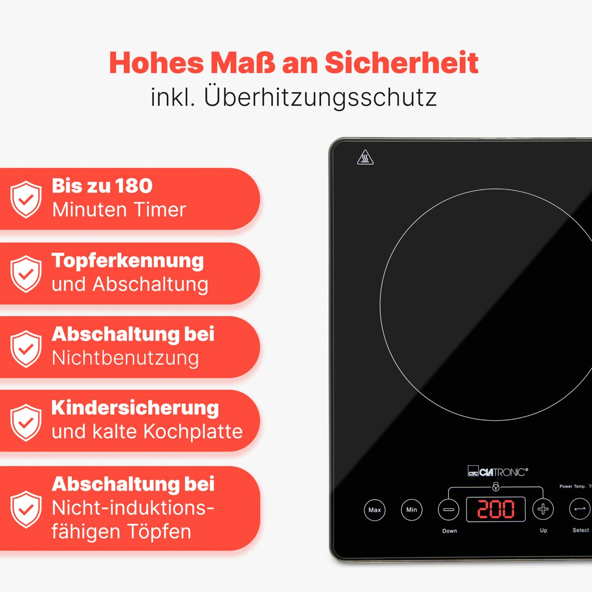 Clatronic® Induktionskochplatte | Kochplatte mit Sekundenschneller Erhitzung durch Induktion | Herd mit ECO-Save für 55% Zeitersparnis | Induktionskochfeld mit automatischer Topferkennung | EKI 3569