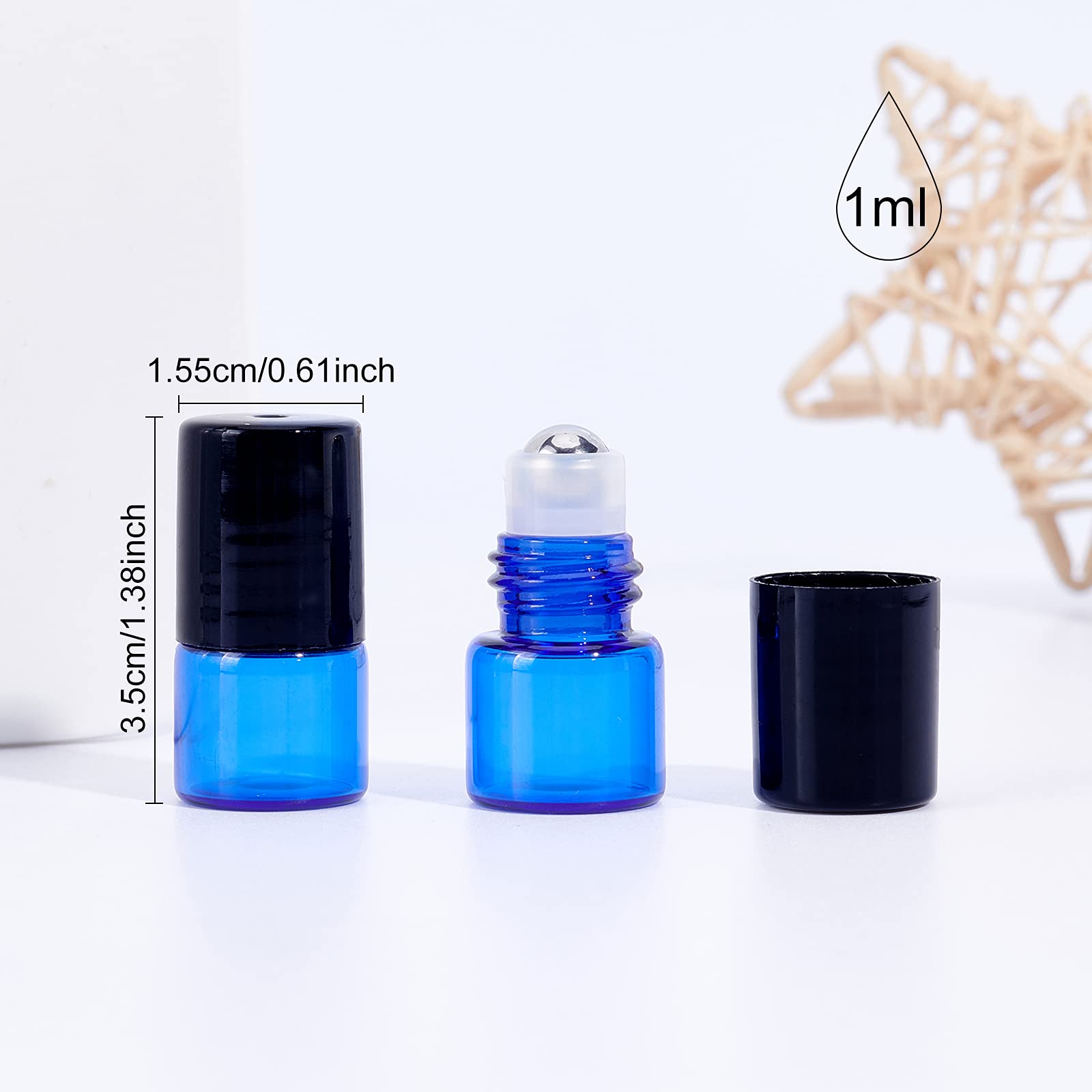 BENECREAT 30 Pack 1ml Bleu Bouteilles à rouler en verre Flacon roll-on d'huiles essentielles avec des billes à rouleaux en acier inoxydable