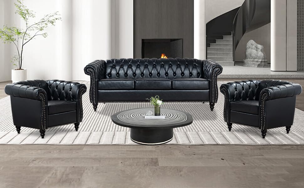 INOTEVERITORY Chesterfield Sofa Set, 3-Piece Sofa Set with Upholstered Tufted Button, Scroll Arms and Nailhead Trim, Modern PU Sofa Couch Set for