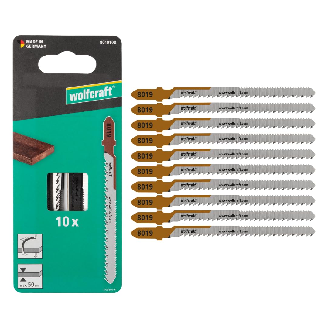 wolfcraft 8019100 - Lames de scie sauteuse - coupe courbe fine, coupe miroir - lame HCS avec queue en T - idéale pour le bois dur et le bois tendre - profondeur de coupe 50 mm