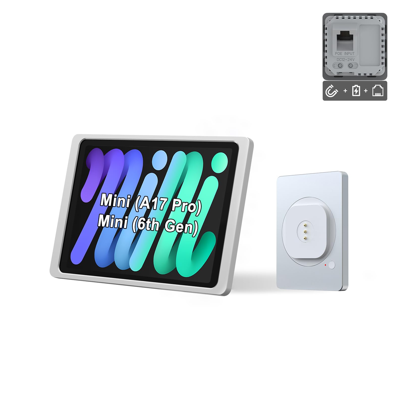 EMONITA Magnetic Wall Mount with Charging Case A6 for iPad Mini (A17 Pro, A15 Bionic) 8.3-Inch. PoE and DC up to 18W Quick Charge, Strong Magnets, 360 Rotation
