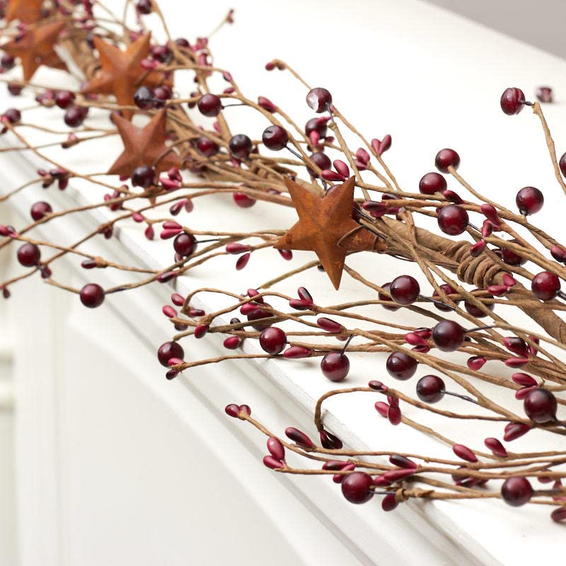 Artificial Burgundy Pip Berry and Rusty Star Garland Year Round Rustic Berries Farmhouse Home Decor for Table Arrangements Fireplace Mantel and Centerpiece Decorations 48 long