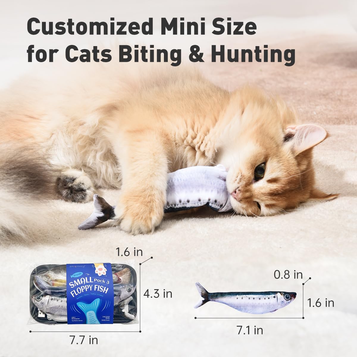 Petgravity Bissgroßes realistisches Flopping Fish Katzenspielzeug, 3 Stück, interaktives Katzenspielzeug für alle Rassen, tippaktivierter 3 Flapp-Modus, Sardine/Saury/Gelb Croaker, 18 cm, mit