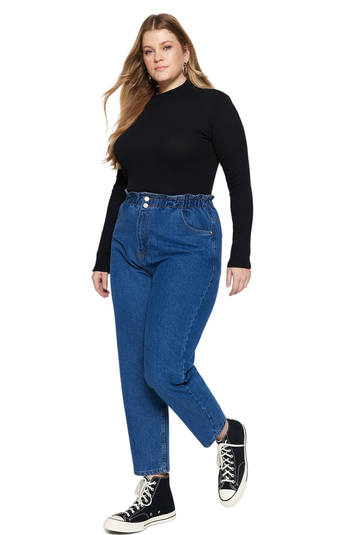 Trendyol Damen Blau Jeans, Hohe Taille, Gerades Bein, Übergröße Hose, 44