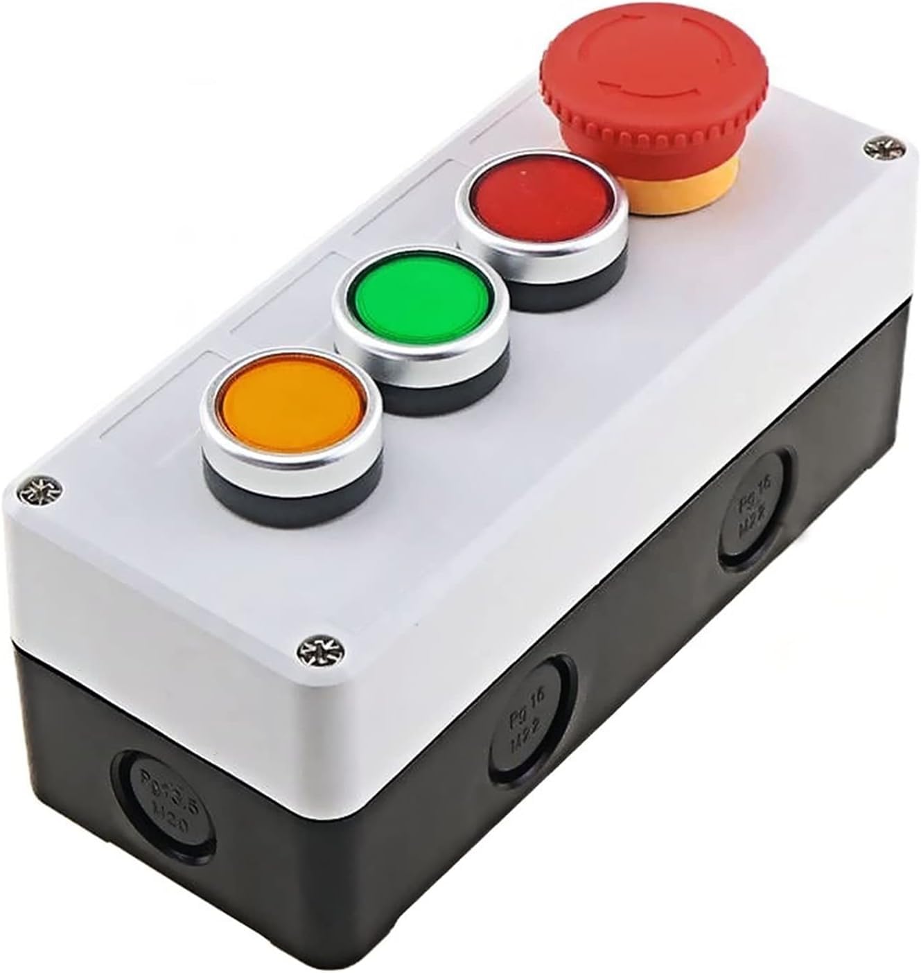 Caja de control de interruptor con botón de luz, 24V/220V, con botón de parada de emergencia, interruptor industrial de reinicio automático, caja impermeable(3 Mushroom Yg,24V)