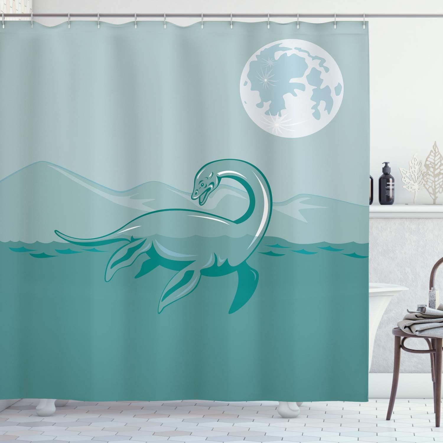 Ambesonne Jurassic Shower Curtain, Loch Ness Monster Sea Serpent Creature Mountain Waterscape Illustration, Cloth Fabric Bathroom Decor Set with Hooks, 69" W x 75" L, Green Teal