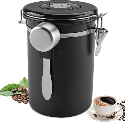 Boîte à Café Hermétique en acier Inoxydable 304,1.8L Boîte à Conservation RéCipient à Café avec Cuillère à Mesurer Dateur pour Café en Grains,Café Moulu,Noix,Sucre,Céréales