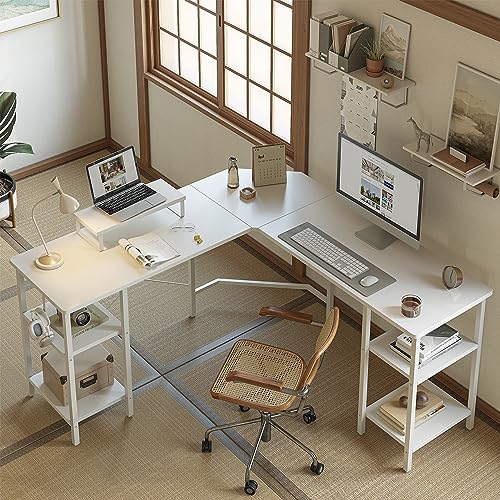 CubiCubi デスク l字デスク ラック付きデスク モニター台付き ゲーミングデスク パソコンデスク 勉強机 一人暮らし 収納便利 128cm*128cm pcデスク ホワイト