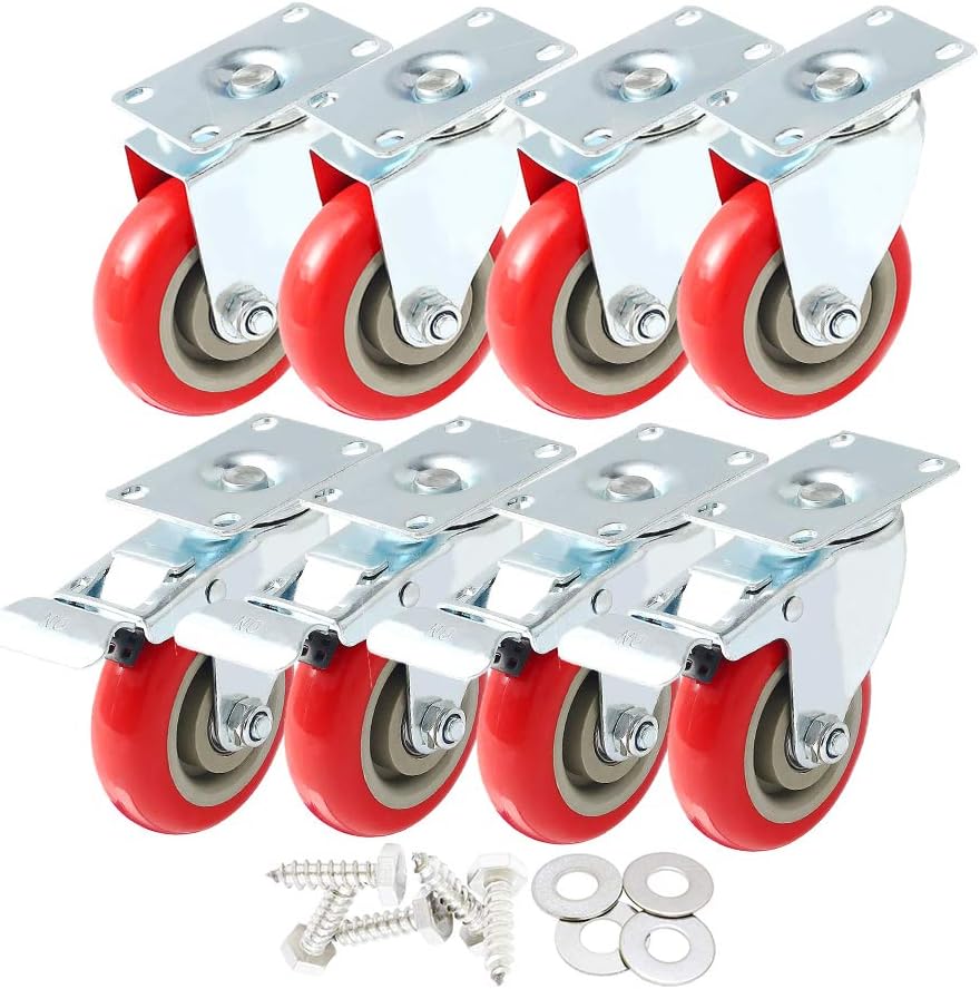 8 Pack 4 Inch Combo Caster Swivel Plate 4 w/Brake & 4 Plate Heavy Duty on Red PU Wheels with Heavy Duty Screws