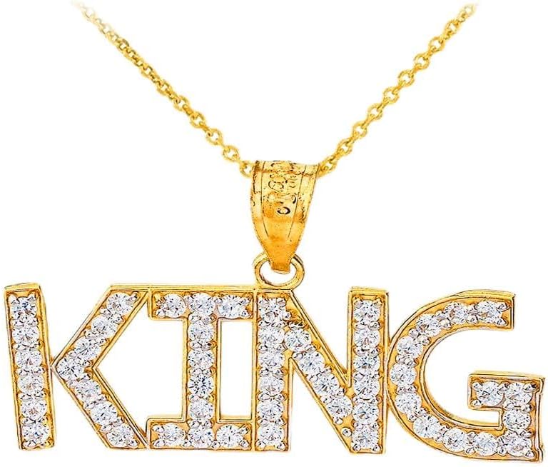 14K Yellow, White, or Rose Gold 0.70" White Cubic Zirconia Bling Hip Hop King Sign Fashion Rapper Jewelry Rock Pendant Necklace - Choice of Chain Length