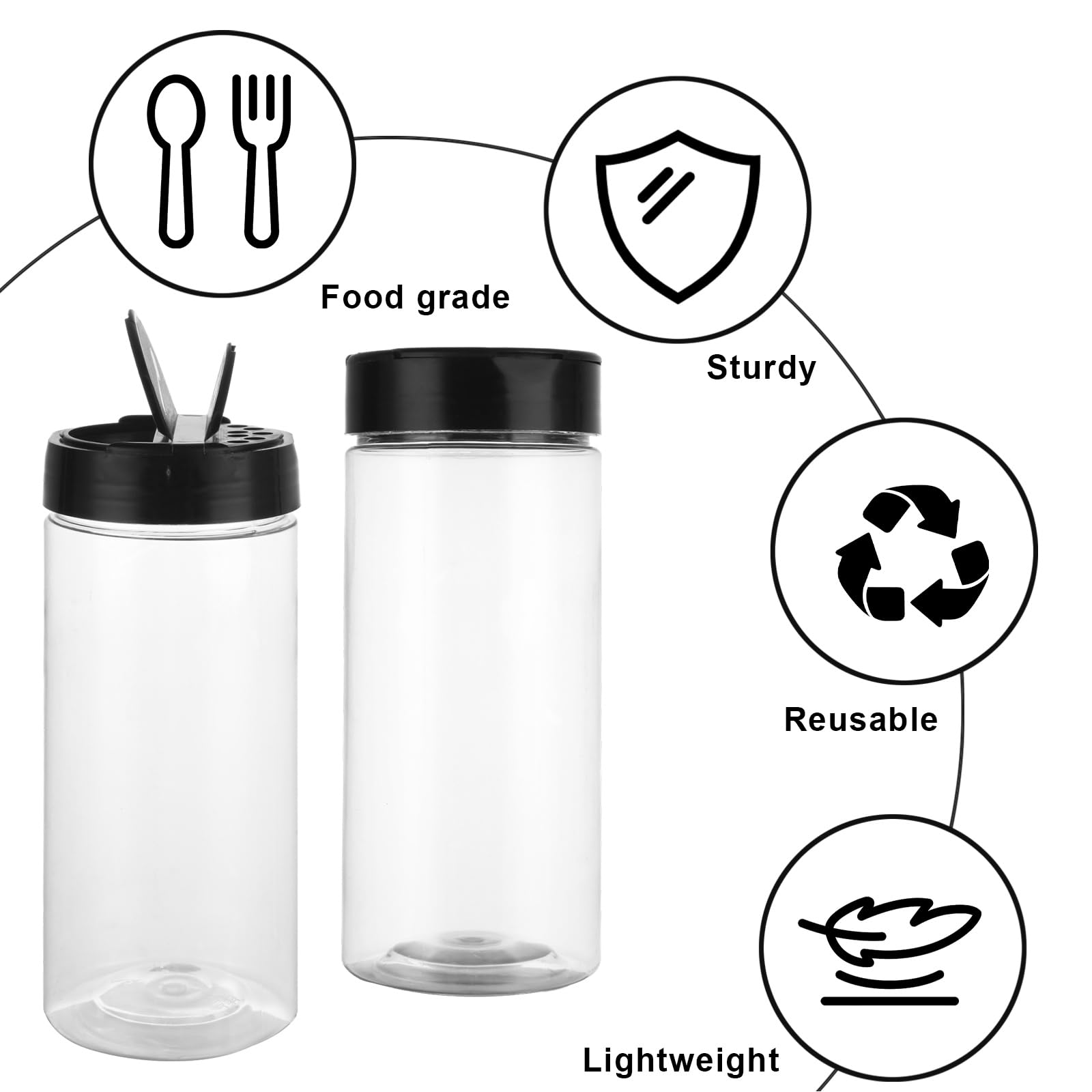 Confezione da 12 barattoli per spezie in plastica trasparente da 453,6 g, contenitori per spezie con tappo nero, contenitori per condimenti con coperchio per conservare spezie, condimenti in