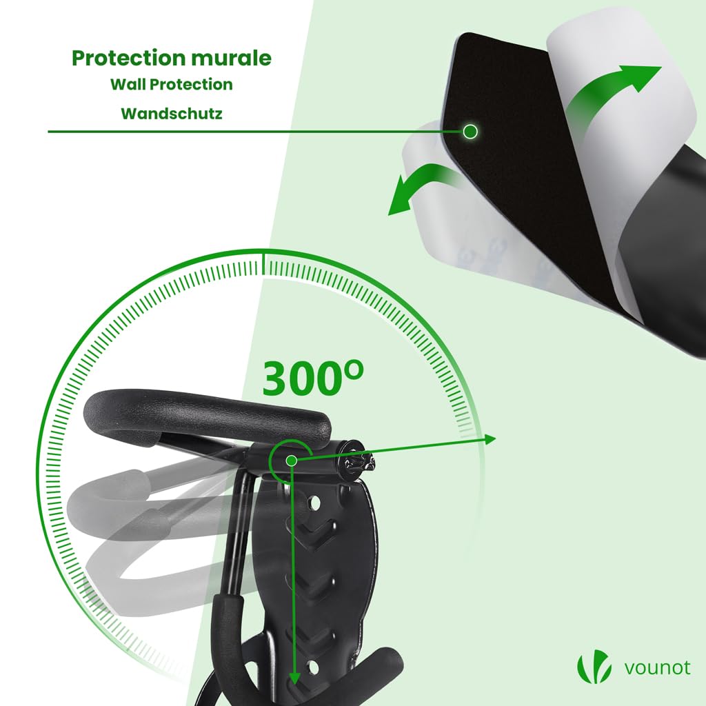VOUNOT® 4 Pezzi Supporto per Biciclette da Parete Pieghevole, Portabici da Muro Salvaspazio con Cuscinetti, Gancio Appendere Verticale per Garage Cantina Shed, Nero