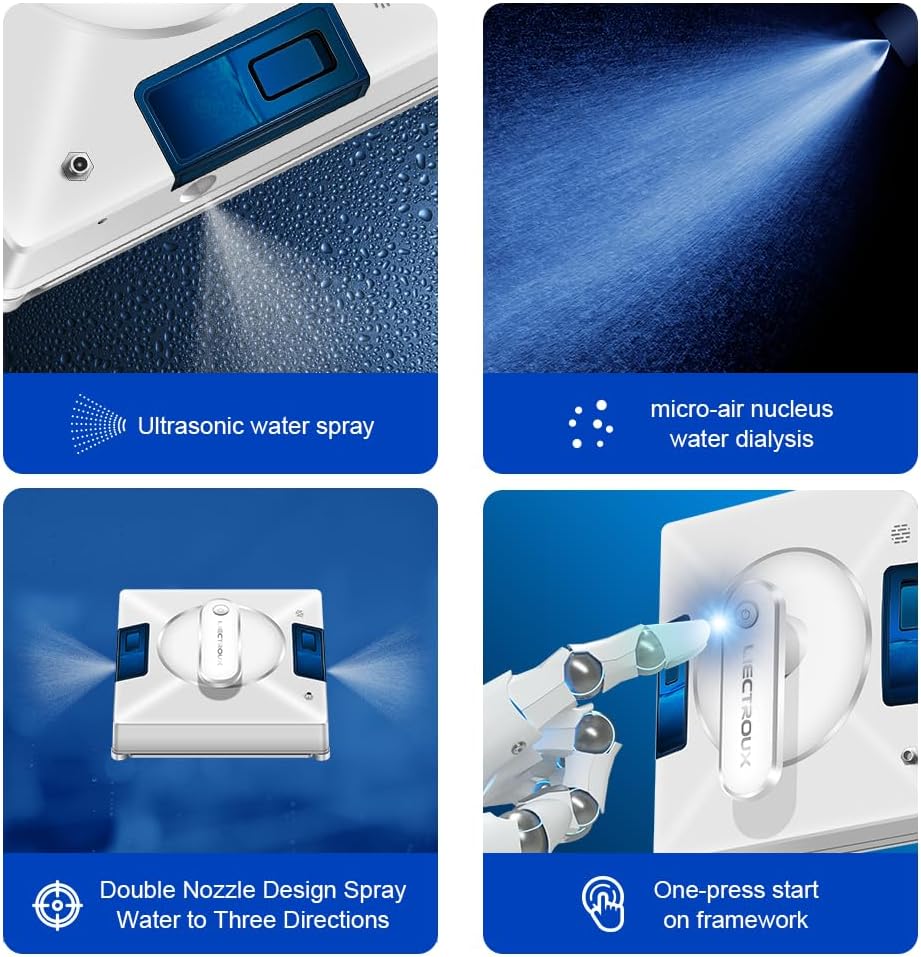 Close-up images detailing ultrasonic water spray, micro-air nucleus water dialysis, double nozzle design, and one-press start on framework.