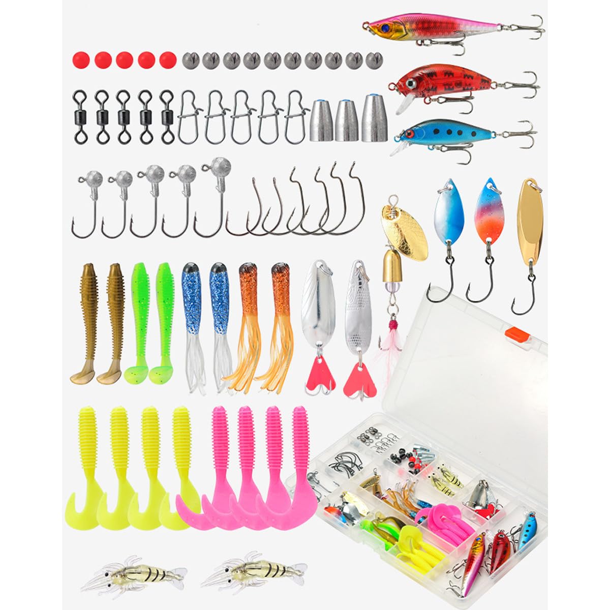 FOLANDO 69-Piece Ultimate Lure Kit - Feather Trebles/Scented Grubs/Crankbaits for Bass/Pike/Perch | All-Water Ready Tackle Box (188g)