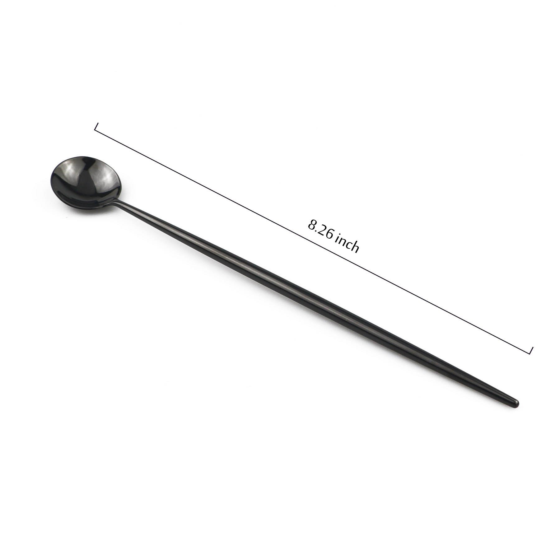 BRIIEC Black 18/10 Stainles Steel Long Handle Ice Cream Spoon, Latte Spoon, Cocktail Stirring Spoons, Mirror Finish, Dishwasher Safe, Pack of 6