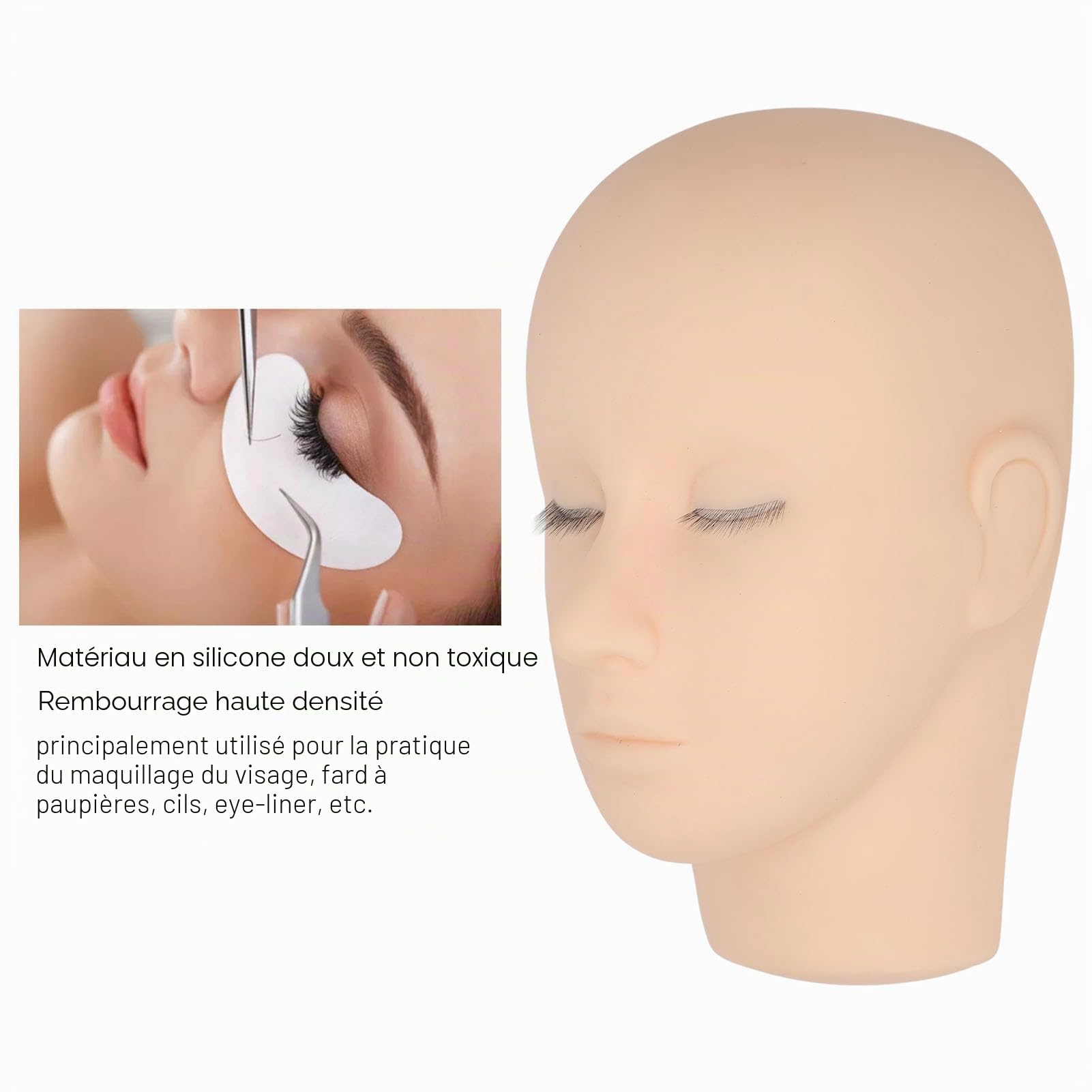 Tête de Mannequin de Cils, Tête de Mannequin de Cils en Silicone à 3 Couches avec Paupières, Extension de Cils Maquillage Pratique Formation Tête de Visage de Poupée Mannequin